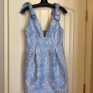 Blue Floral Tie-Shoulder V-Neck Women's Dress